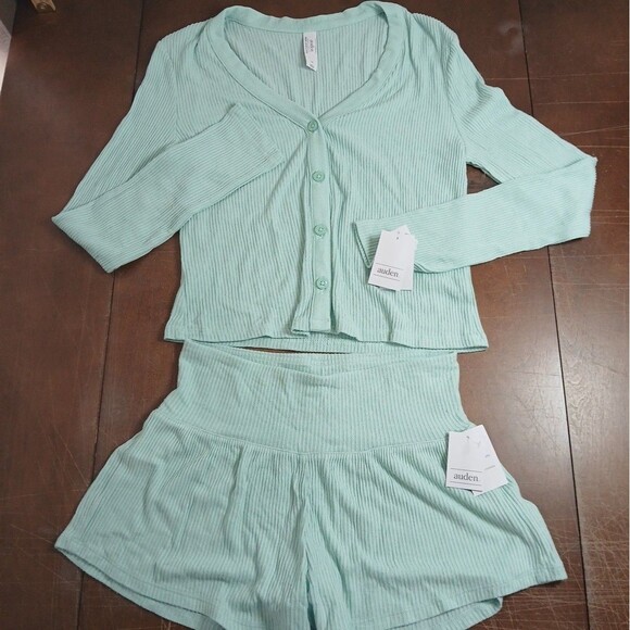 Auden Other - Auden Women's Mint Green Ribbed Pajama Set Shorts and Long Sleeve Cardigan S NWT